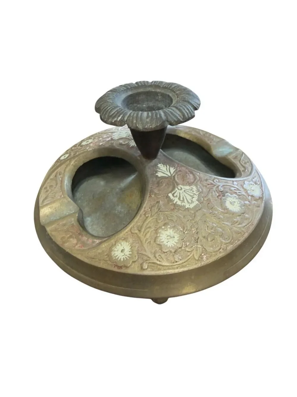 Antique Brass Double Inkwell Victorian Desk Accessory Pen Rest